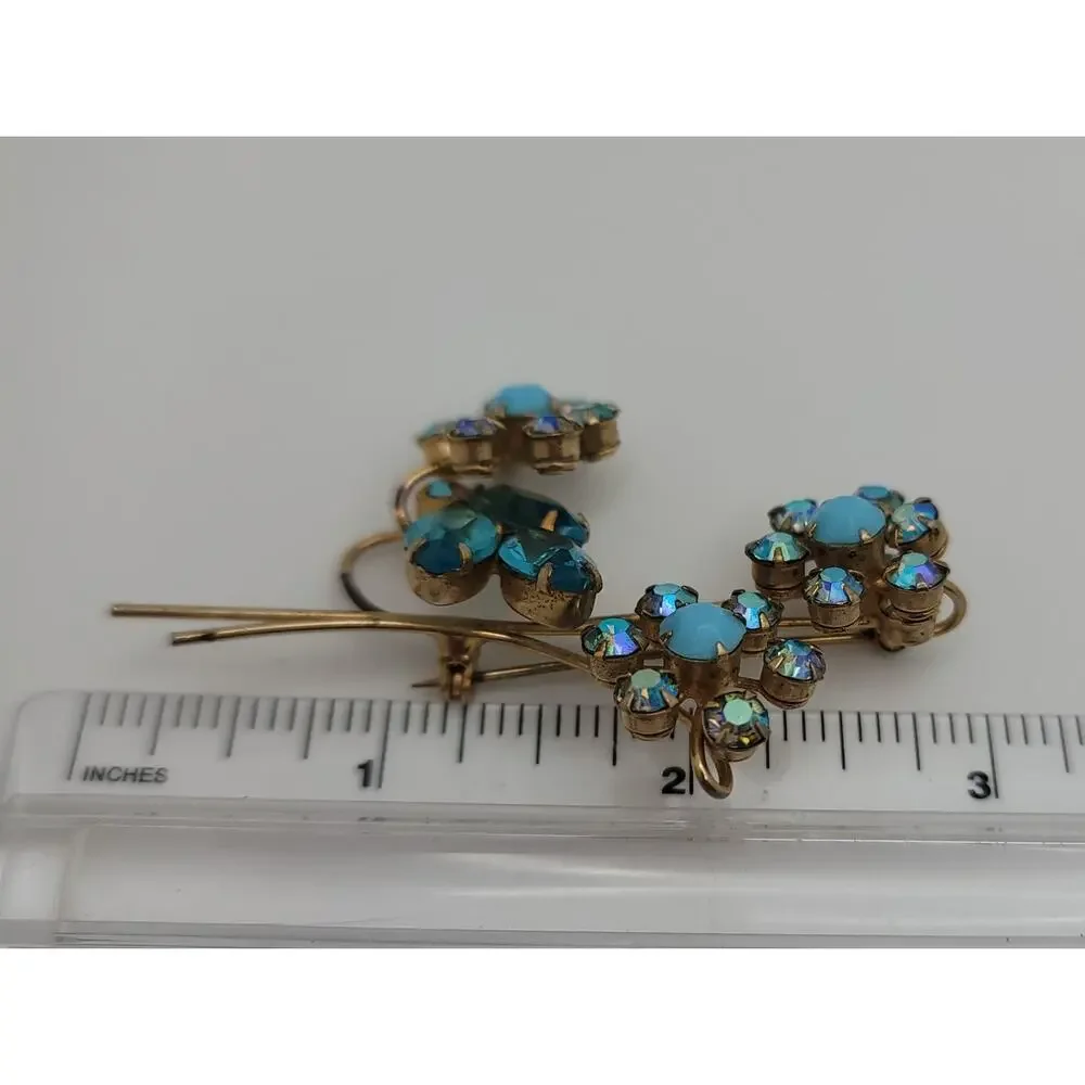 Vintage Gold-tone Blue, Turquoise-colored & Aurora Borealis Floral Brooch